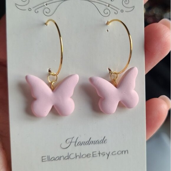 Cute 18K Gold Plated Matte Pink Clay Butterfly Dangle Hoop Earrings Fairycore - Picture 5 of 8